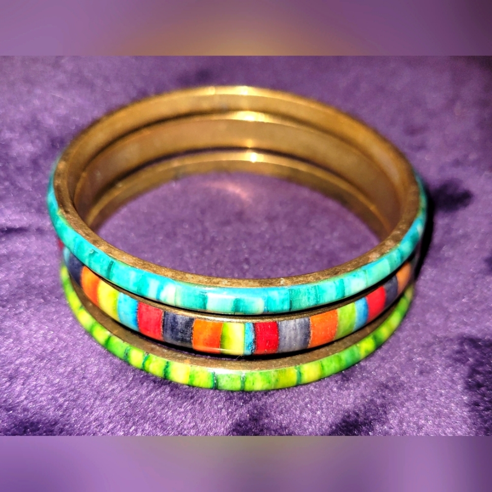 Vintage Brass and Shell Bangle Bracelets Set of 3
